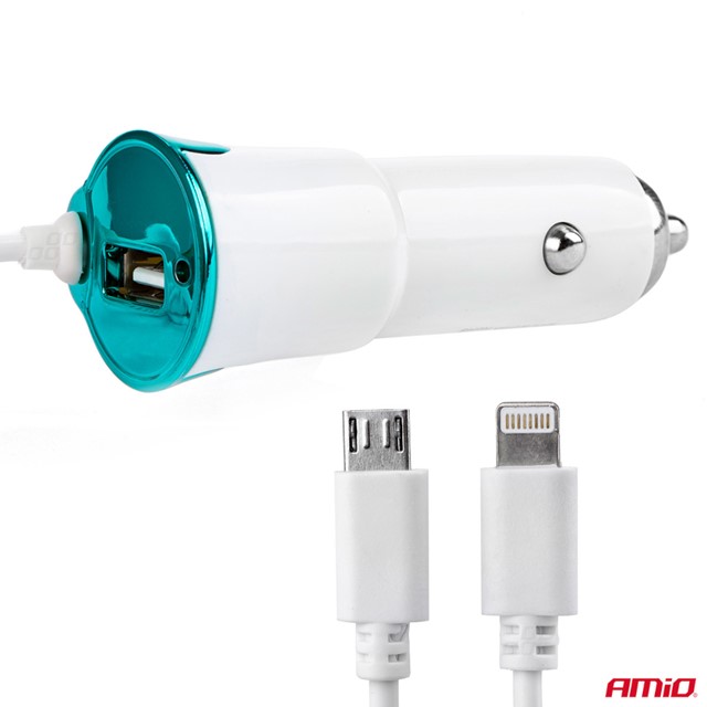Ładowarka samochodowa AMIO USB + micro USB + iPhone lighting 2.1A, 1A