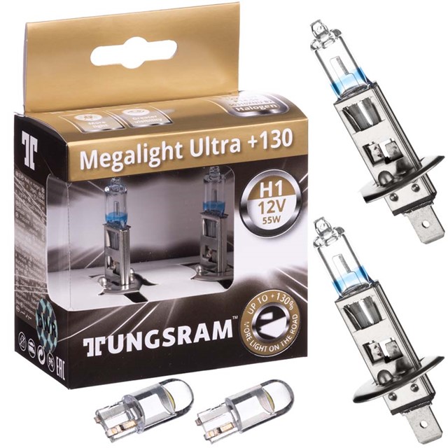 Żarówki H1 TUNGSRAM Megalight Ultra +130% 12V 55W + LED W5W