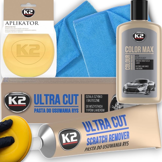 Zestaw K2 do usuwania rys z srebrnego lakieru (K2 Color Max, Ultra Cut, aplikator, mikrofibry)
