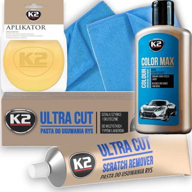 Zestaw K2 do usuwania rys z niebieskiego lakieru (K2 Color Max, Ultra Cut, aplikator, mikrofibry)