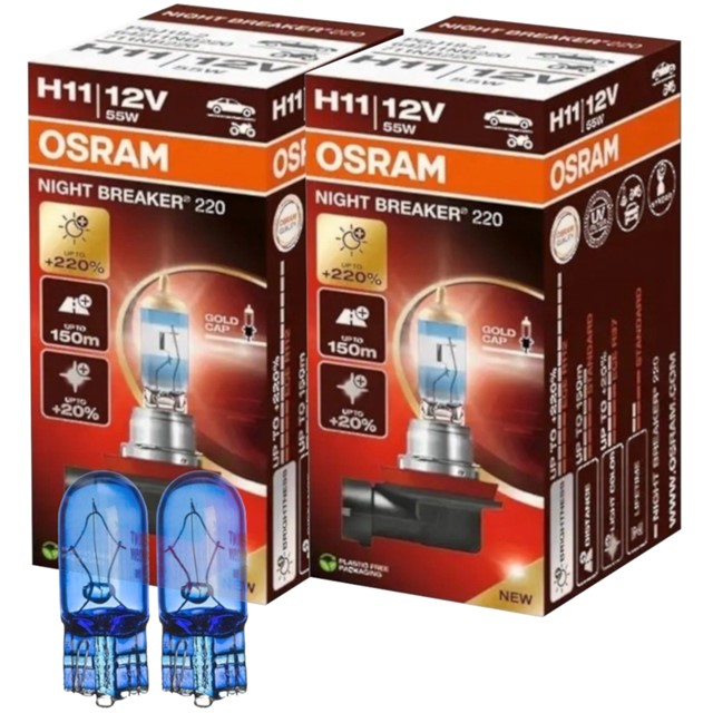 Żarówki H11 OSRAM Night Breaker 220 12V 55W (2 sztuki) + żarówki W5W Super White