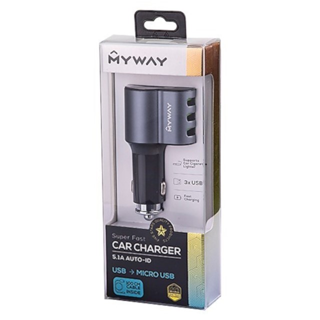 Ładowarka samochodowa MYWAY 12/24V, Auto-ID max. 5.1A, 3x USB, 1x gniazdo zapalniczki + kabel z zespoloną wtyczką microUSB / Lightning