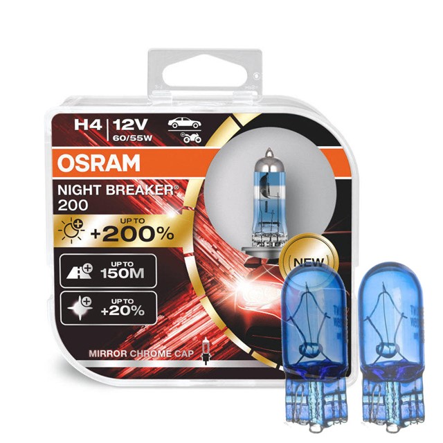 Żarówki H4 OSRAM Night Breaker 200 12V 60/55W + żarówki W5W Super White