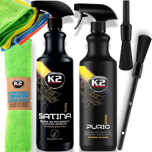 Zestaw kosmetyków samochodowych K2 PRO do czyszczenia kokpitu, plastików (K2 Purio Pro, Satina Pro, pędzelek, mikrofibry)