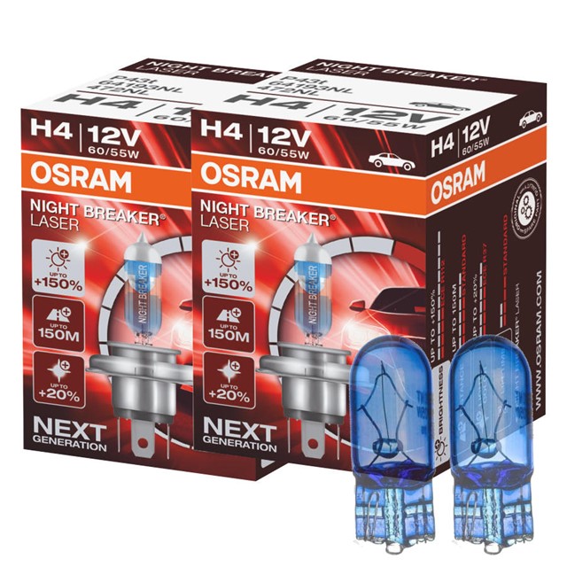 Żarówki H4 OSRAM Night Breaker Laser +150% 12V 60/55W + żarówki W5W Super White