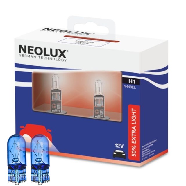 Żarówki H1 NEOLUX 50% Extra Light 12V 55W (50% więcej światła, homologacja ECE) + żarówki W5W Super White