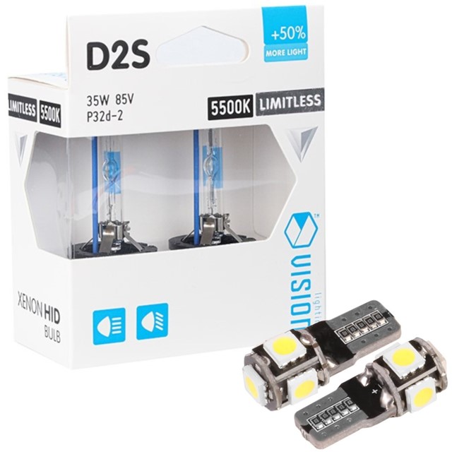 Żarniki D2S VISION Limitless White 85V 35W (5500K, +50% więcej światła) + żarówki LED W5W