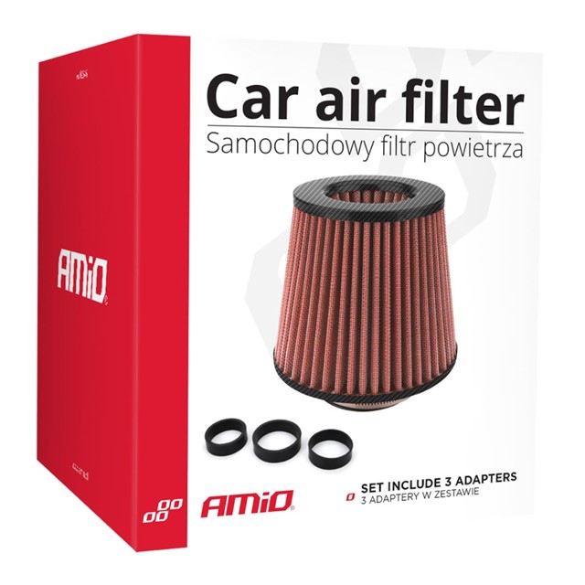 Stożkowy filtr powietrza AMIO (stożek, zaimpregnowany, carbon, 3 adaptery)