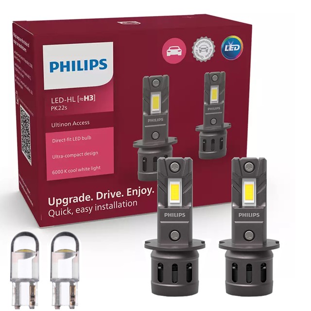 Żarówki LED H3 PHILIPS Ultinon Access 2500 12V 13W (LED-HL, 6000K, łatwy montaż) + żarówki LED W5W