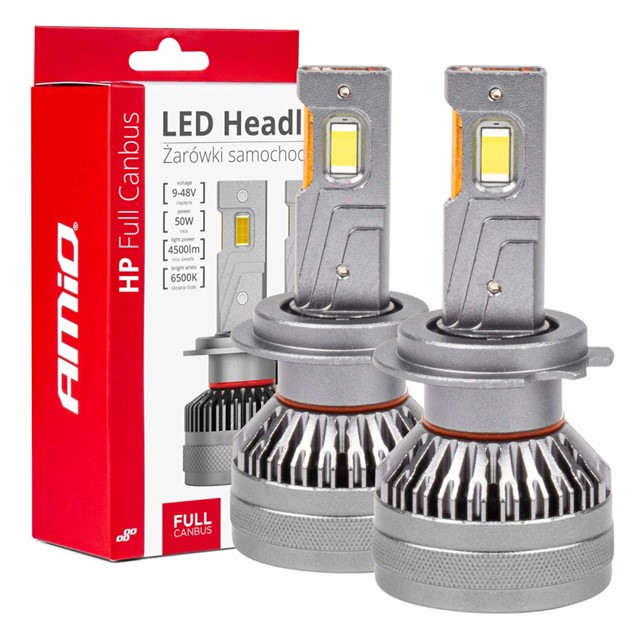 Żarówki LED H7 / H18 AMiO HP Full Canbus 12V 24V 50W (6500K, 4500lm)