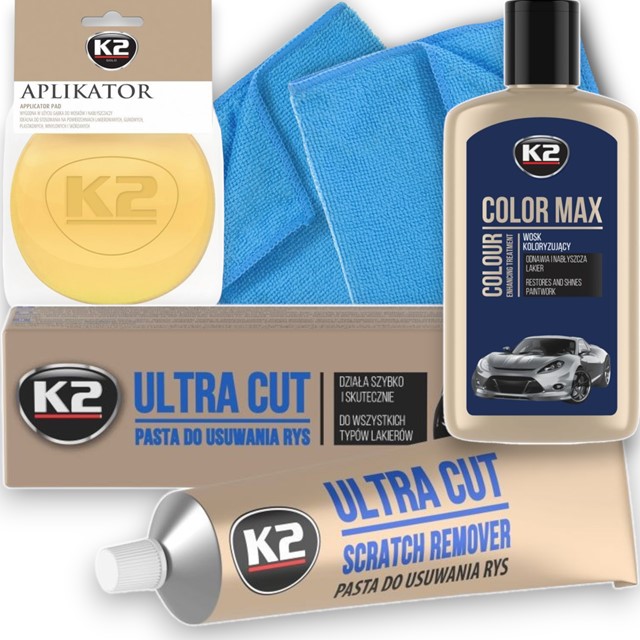 Zestaw K2 do usuwania rys z granatowego lakieru (K2 Color Max, Ultra Cut, aplikator, mikrofibry)