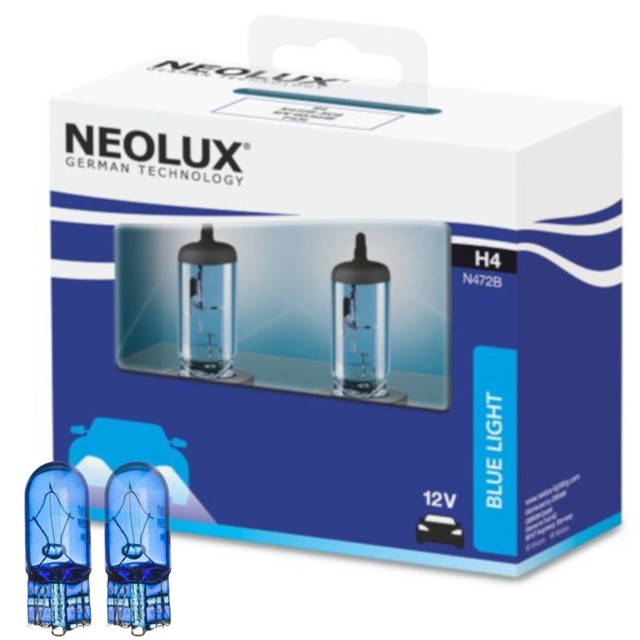 Żarówki H4 NEOLUX Blue Light 12V 60/55W (4000K - wygląd ksenonowy, niebieska powłoka, homologacja ECE) + żarówki W5W Super White