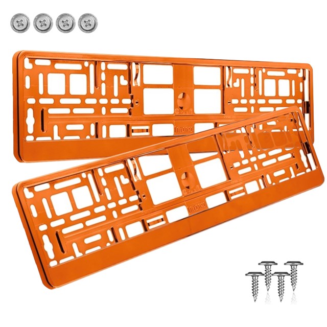 Metalizowane pomarańczowe ramki do tablic rejestracyjnych, do jednorzędowych tablic rejestracyjnych, zestaw 2 sztuk + wkręty mocujące