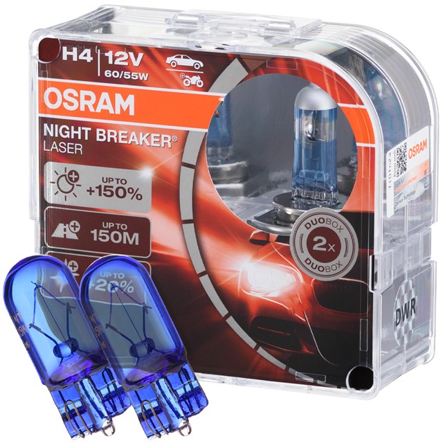 Żarówki H4 OSRAM Night Breaker Laser Next Generation 12V 60/55W + żarówki W5W Super White