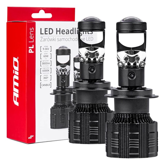 Żarówki LED H7 AMIO PL Lens 12/24V 60W (6000K, 3800lm, canbus, soczewka)