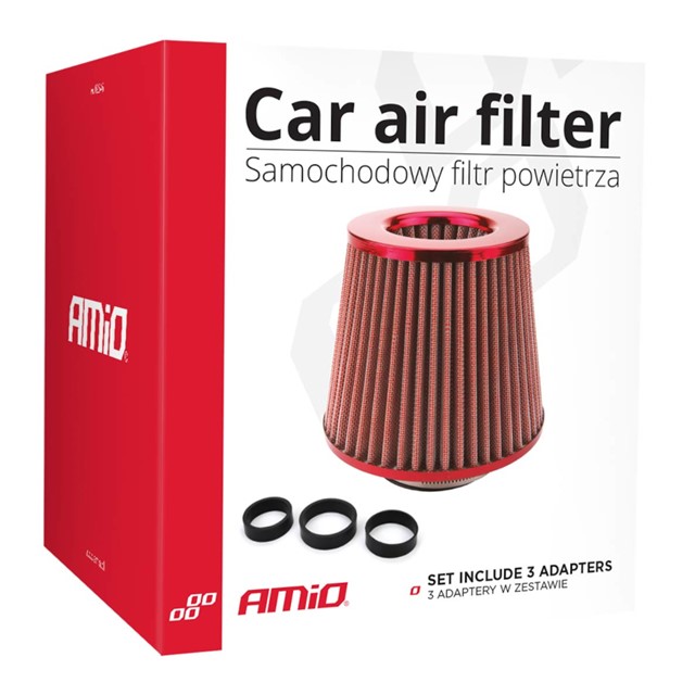 Stożkowy filtr powietrza AMIO (stożek, zaimpregnowany, czerwony, 3 adaptery)