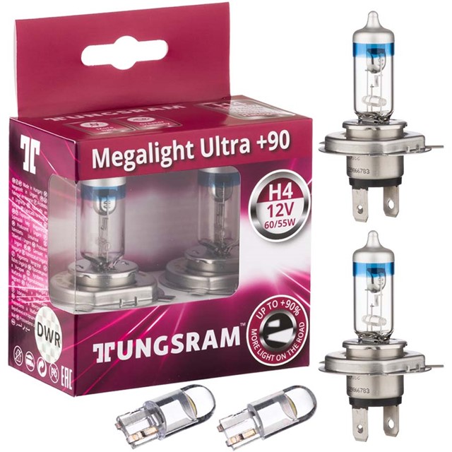 Żarówki H4 TUNGSRAM Megalight Ultra +90% 12V 60/55W + LED W5W