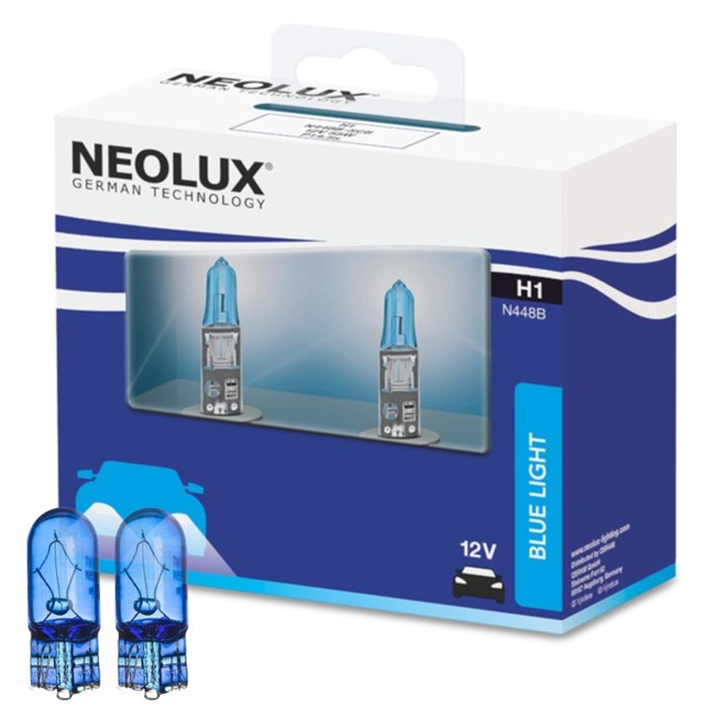 Żarówki H1 NEOLUX Blue Light 12V 55W (4000K - wygląd ksenonowy, niebieska powłoka, homologacja ECE) + żarówki W5W Super White