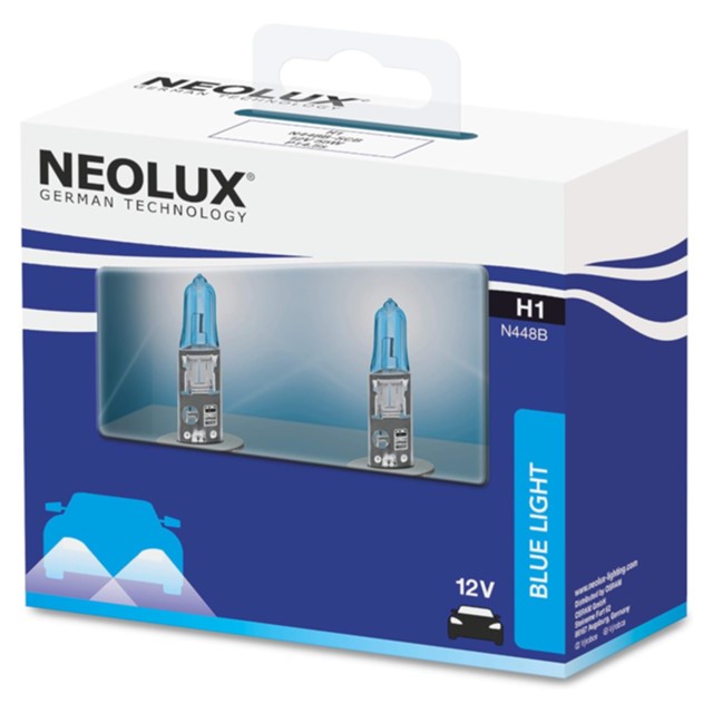 Żarówki H1 NEOLUX Blue Light 12V 55W (4000K - wygląd ksenonowy, niebieska powłoka, homologacja ECE)