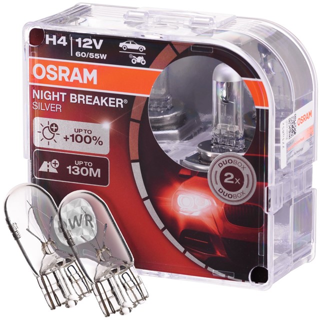Żarówki H4 OSRAM Night Breaker Silver 12V 60/55W + żarówki W5W