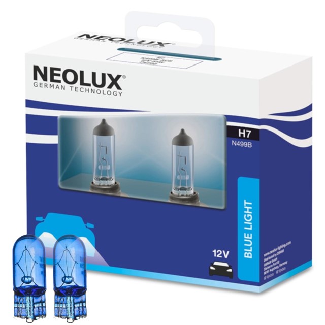 Żarówki H7 NEOLUX Blue Light 12V 55W (4000K - wygląd ksenonowy, niebieska powłoka, homologacja ECE) + żarówki W5W Super White