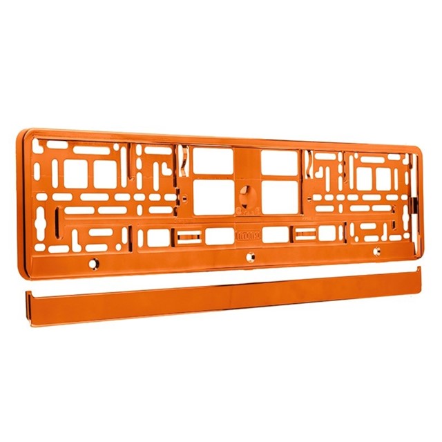 Metalizowane pomarańczowe ramki do tablic rejestracyjnych, do jednorzędowych tablic rejestracyjnych, zestaw 2 sztuk + wkręty mocujące