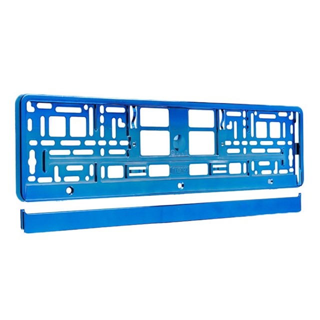 Metalizowane niebieskie ramki do tablic rejestracyjnych, do jednorzędowych tablic rejestracyjnych, zestaw 2 sztuk + wkręty mocujące