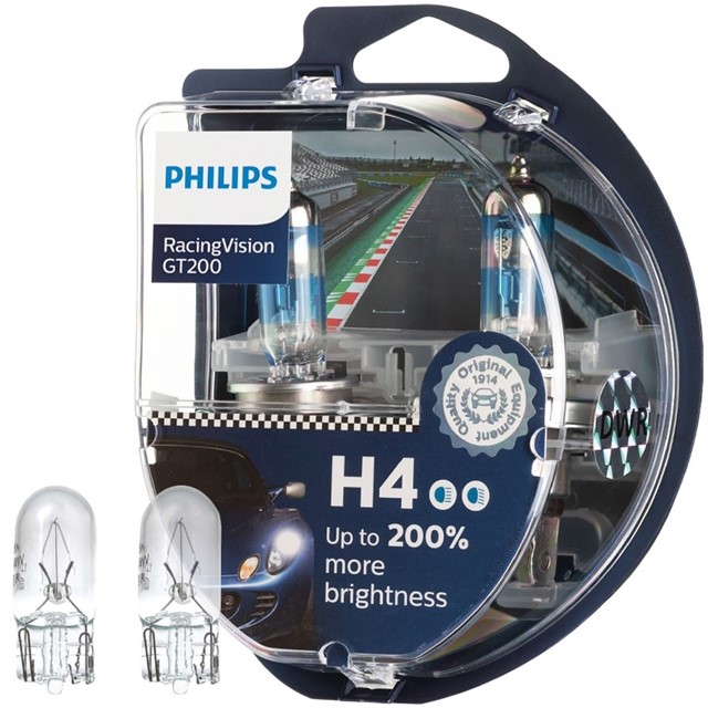 Żarówki H4 PHILIPS RacingVision GT200 12V 60/55W (o 200% jaśniejsze światło) + żarówki W5W