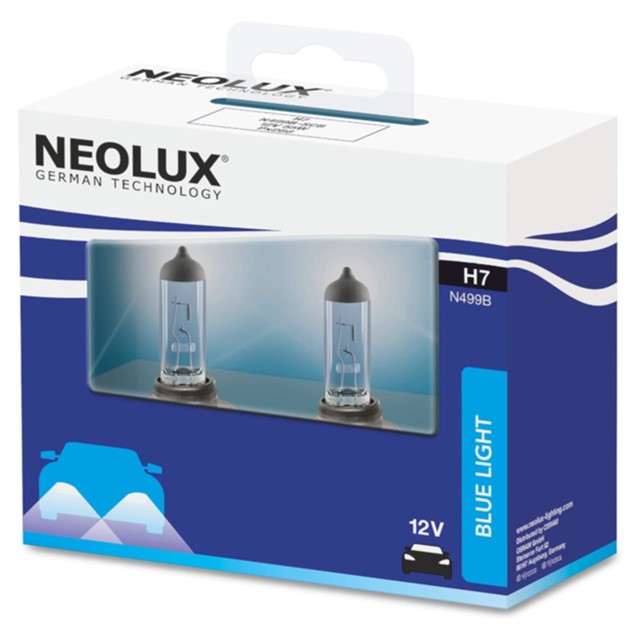 Żarówki H7 NEOLUX Blue Light 12V 55W (4000K - wygląd ksenonowy, niebieska powłoka, homologacja ECE)