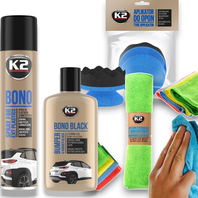 Zestaw kosmetyków samochodowych K2 do renowacji opon i zderzaków (K2 Bono Black, Bono, aplikator, mikrofibry)