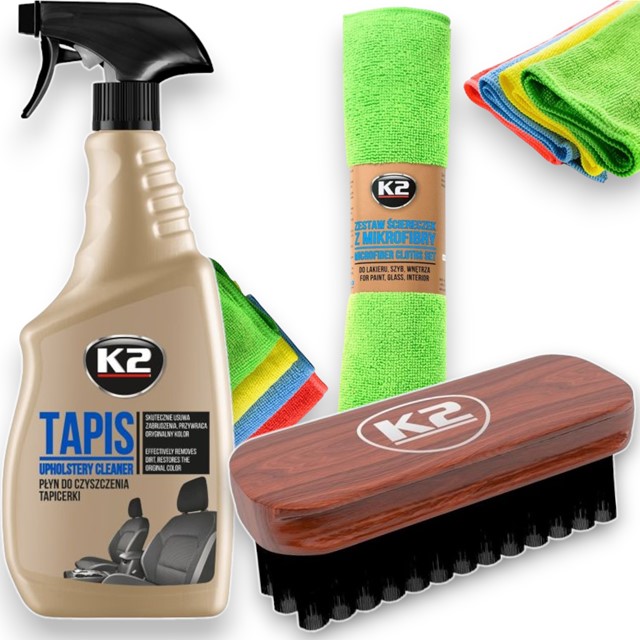 Zestaw do czyszczenia tapicerki materiałowej K2 (Tapis, Auron Brush, mikrofibry)