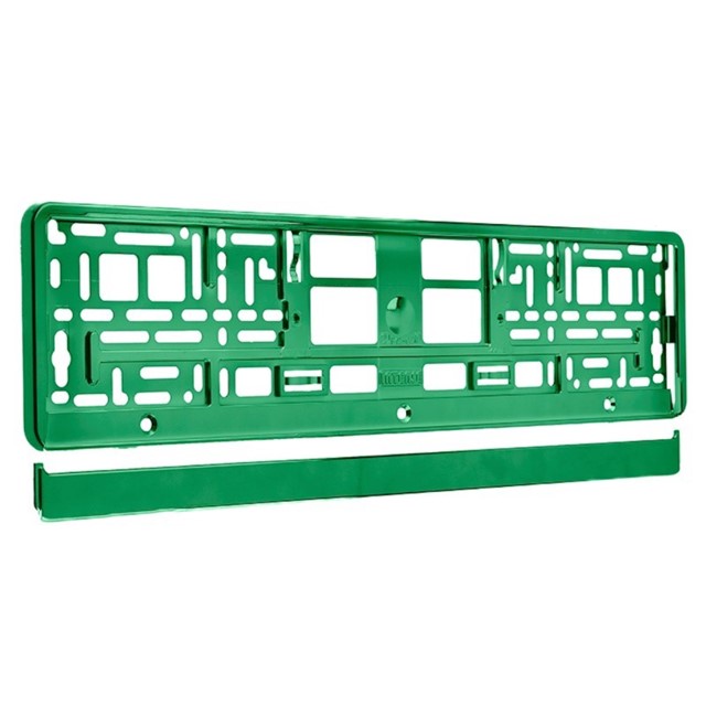 Metalizowane zielone ramki do tablic rejestracyjnych, do jednorzędowych tablic rejestracyjnych, zestaw 2 sztuk + wkręty mocujące