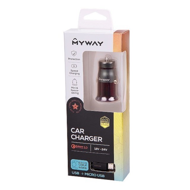 Ładowarka samochodowa MYWAY 12/24V, szybkie ładowanie Quick Charge 3.0, 1x USB + kabel z zespoloną wtyczką microUSB / Lightning