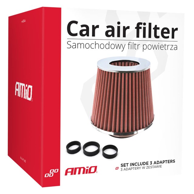 Stożkowy filtr powietrza AMIO (stożek, zaimpregnowany, srebrny, 3 adaptery)