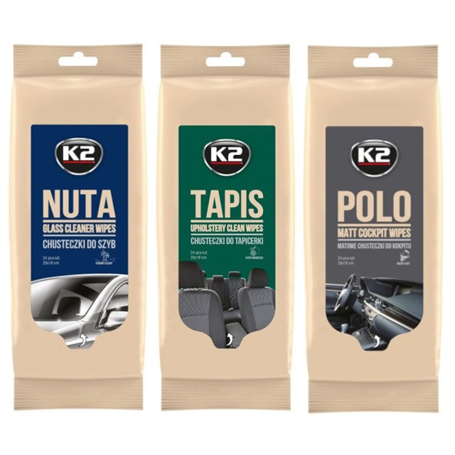 Zestaw chusteczek nawilżanych do mycia samochodu K2 (Polo Matt Wipes, Nuta Wipes, Tapis Wipes)