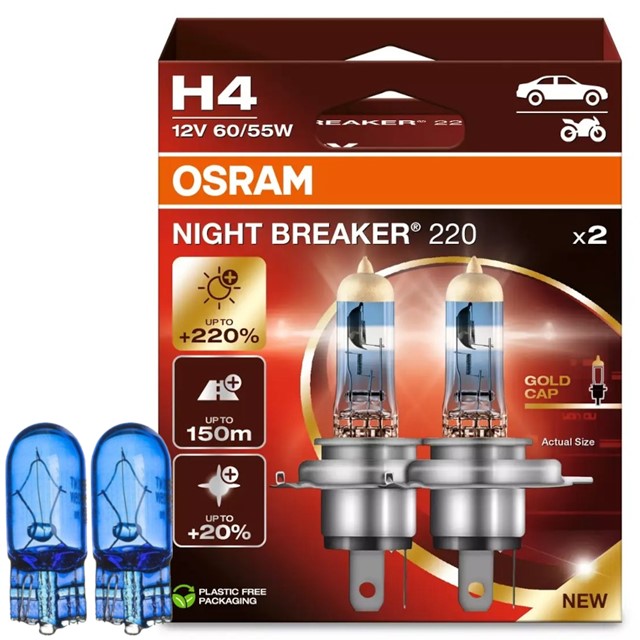 Żarówki H4 OSRAM Night Breaker 220 12V 60/55W + żarówki W5W Super White