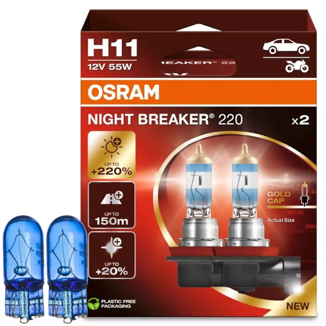 Żarówki H11 OSRAM Night Breaker 220 12V 55W + żarówki W5W Super White