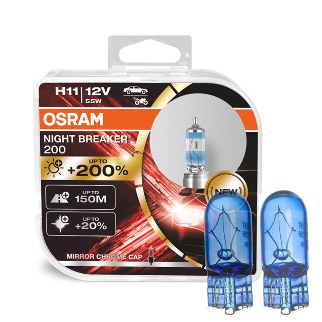 Żarówki H11 OSRAM Night Breaker 200 12V 55W + żarówki W5W Super White