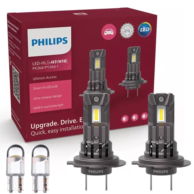 Żarówki LED H7 / H18 PHILIPS Ultinon Access 2500 12V 16W (LED-HL, 6000K, łatwy montaż) + żarówki LED W5W