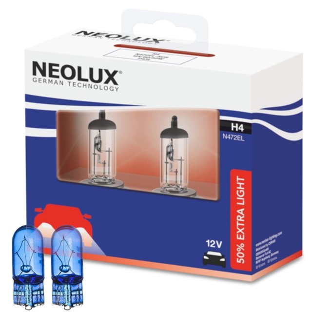 Żarówki H4 NEOLUX 50% Extra Light 12V 60/55W (50% więcej światła, homologacja ECE) + żarówki W5W Super White