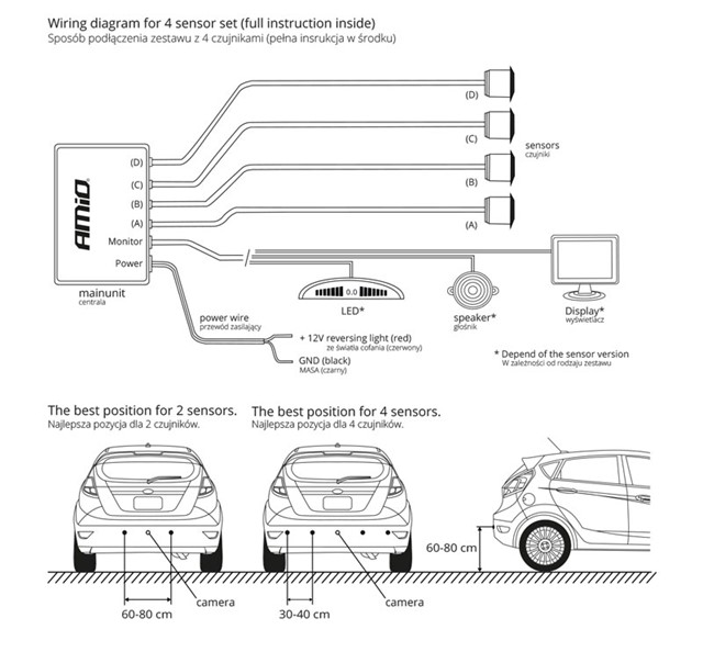 Czujniki parkowania na tył z wyświetlaczem i buzzerem AMIO 14/16,5mm (wewnętrzne, czarne)