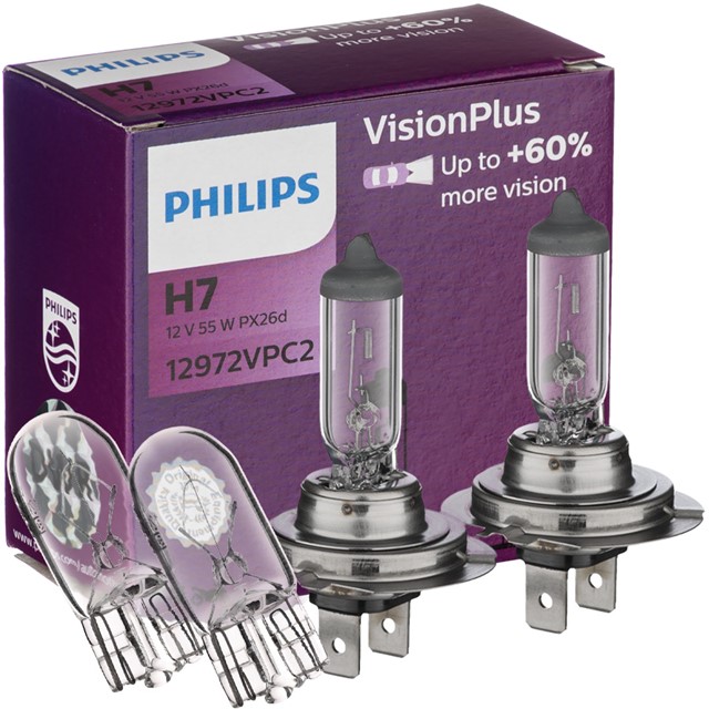Żarówki H7 PHILIPS VisionPlus +60% 12V 55W + żarówki W5W