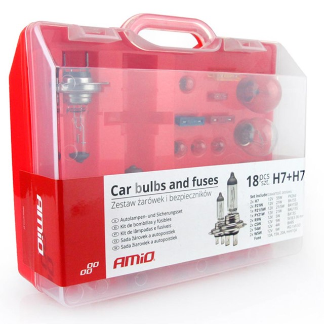 Zestaw żarówek i bezpieczników AMIO (2x H7 12V, 18 elementów)