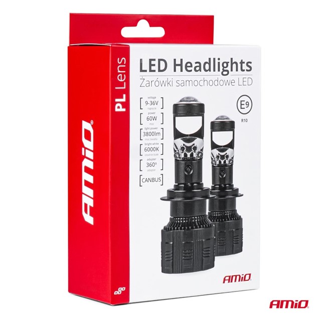Żarówki LED H4 AMIO PL Lens 12/24V 60W (6000K, 3800lm, canbus, soczewka) + żarówki LED W5W