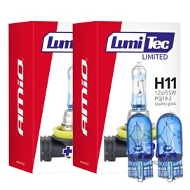 Żarówki H11 AMIO LumiTec Limited +130% 12V 55W (4300K) + żarówki W5W Super White