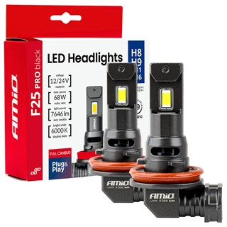 Żarówki LED H8 / H9 / H11 / H16 AMiO F25 PRO BLACK FULL CANBUS 12V 24V 68W (6000K, 7646lm, pełna zgodność z systemami CANBUS)