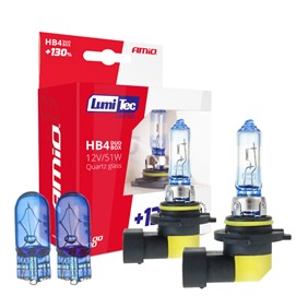 Żarówki HB4 AMIO LumiTec Limited +130% 12V 51W (4300K) + żarówki W5W Super White