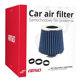 Stożkowy filtr powietrza AMIO (stożek, zaimpregnowany, niebieski, 3 adaptery)