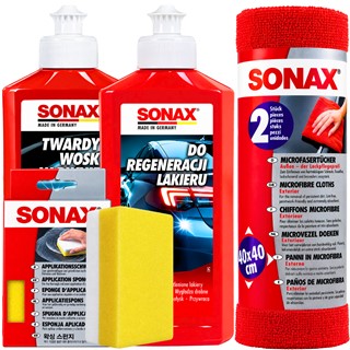 Zestaw kosmetyków samochodowych Sonax do regeneracji i woskowania lakieru (polerowanie, nabłyszczanie, ochrona karoserii), 4 produkty