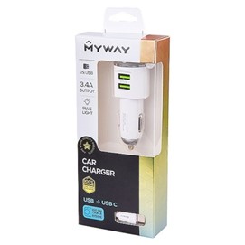 Ładowarka samochodowa MYWAY 12/24V, 2x USB 3.4A + kabel z wtyczką USB-C